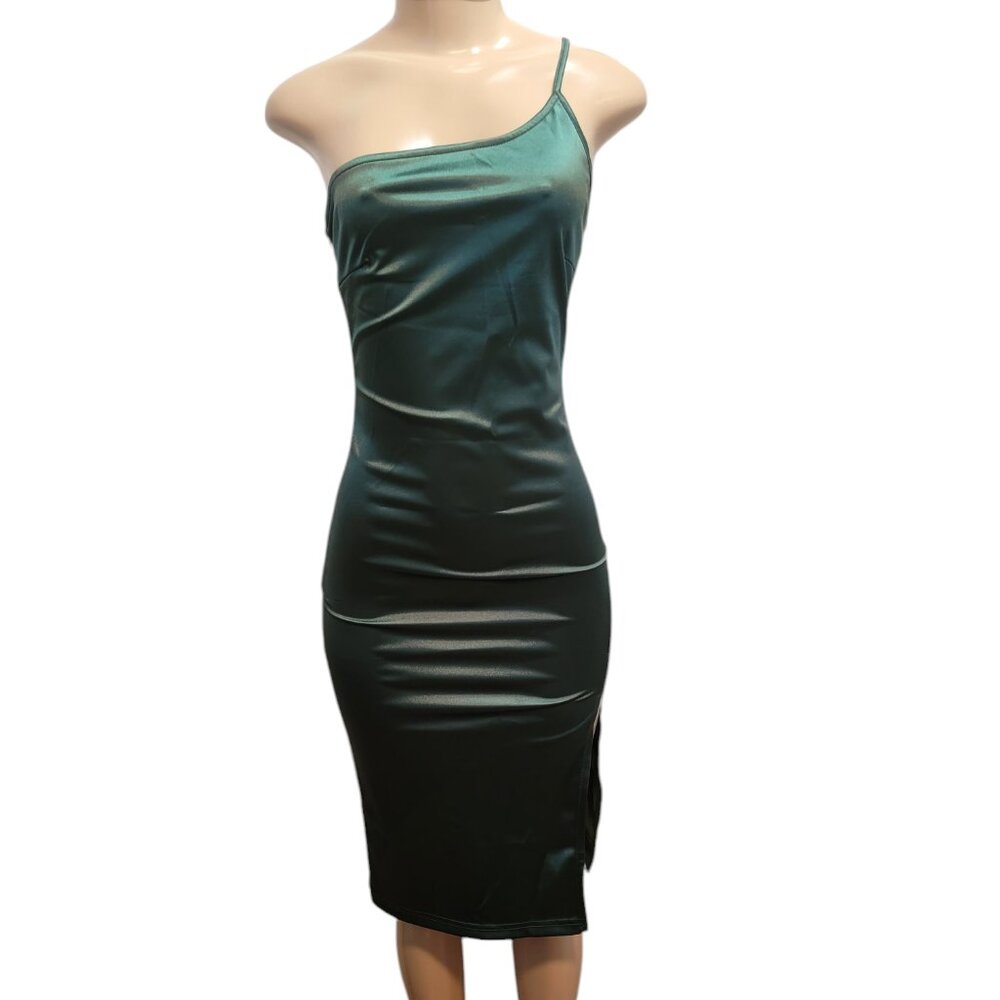 Elegant One Shoulder Sleeveless Split Hem Satin Party Cocktail Midi Dress Green - Picture 3 of 13